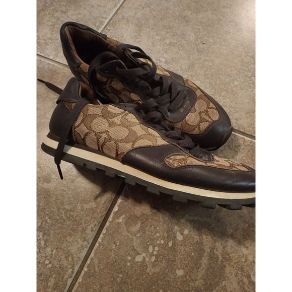 Coach Shoes - Coach Signature Monogram Leather Trim Sneakers Brown Khaki Low Top Shoes